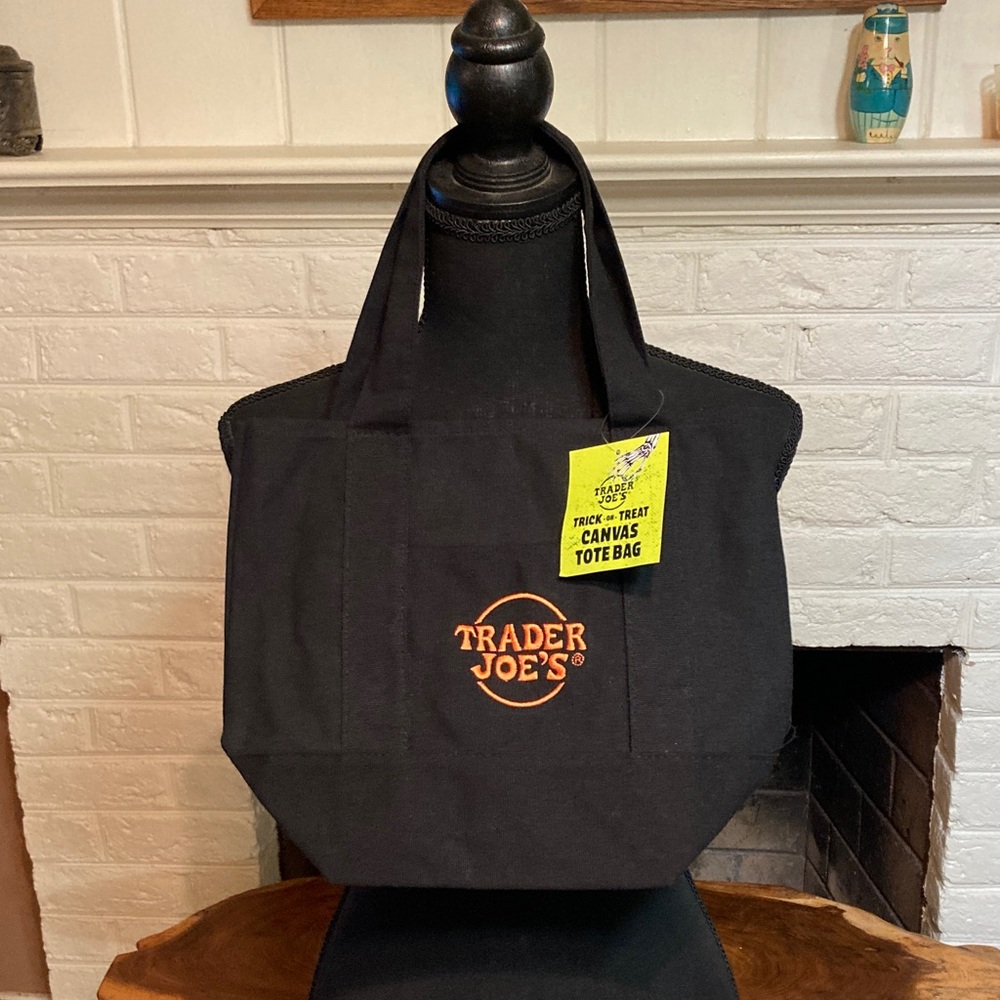 Trader Joe's Black Canvas Tote Bag with Orange Logo Trick or Treat in style